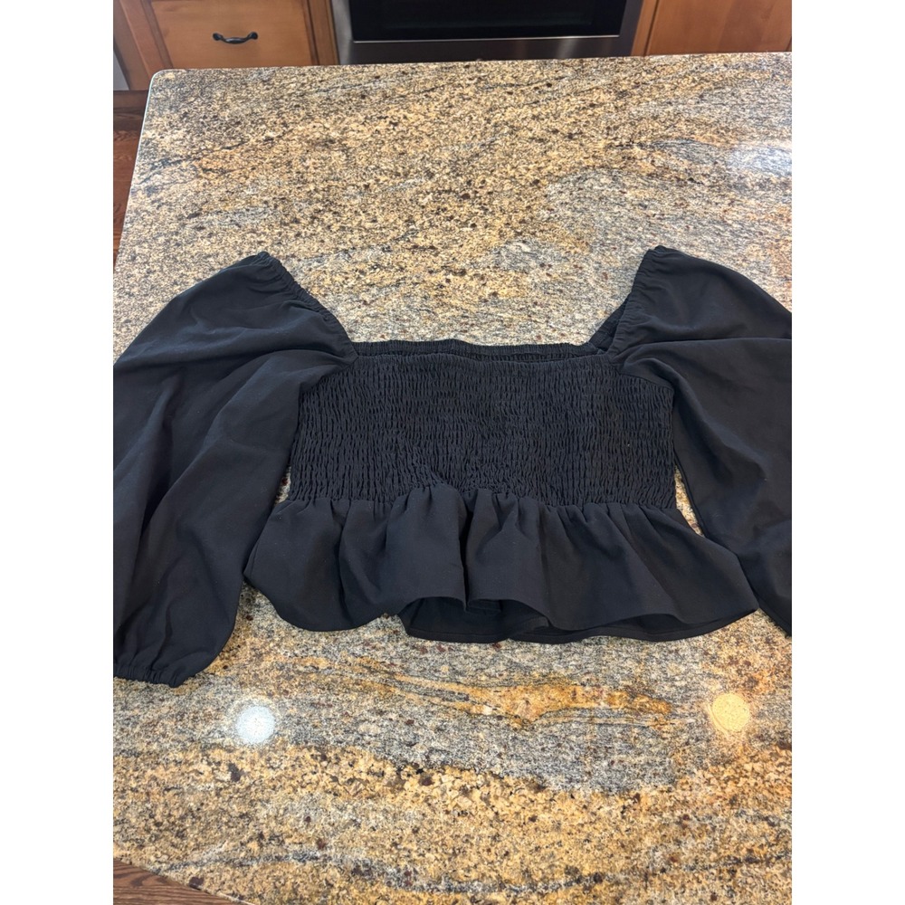 NWT Commense Linen Blend Puff Sleeve Smocked Crop‎ Top Peplum Square Neck Size L